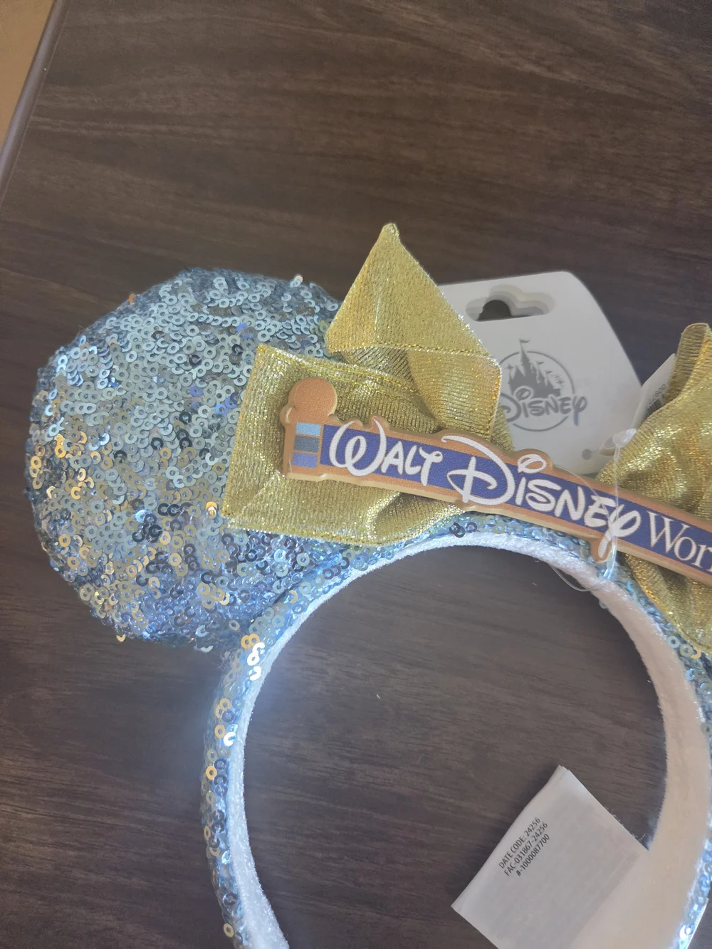 Disney~Parks Minnie Mouse Ears Walt Disney-World Blue Sequins Gold Bow Headband,